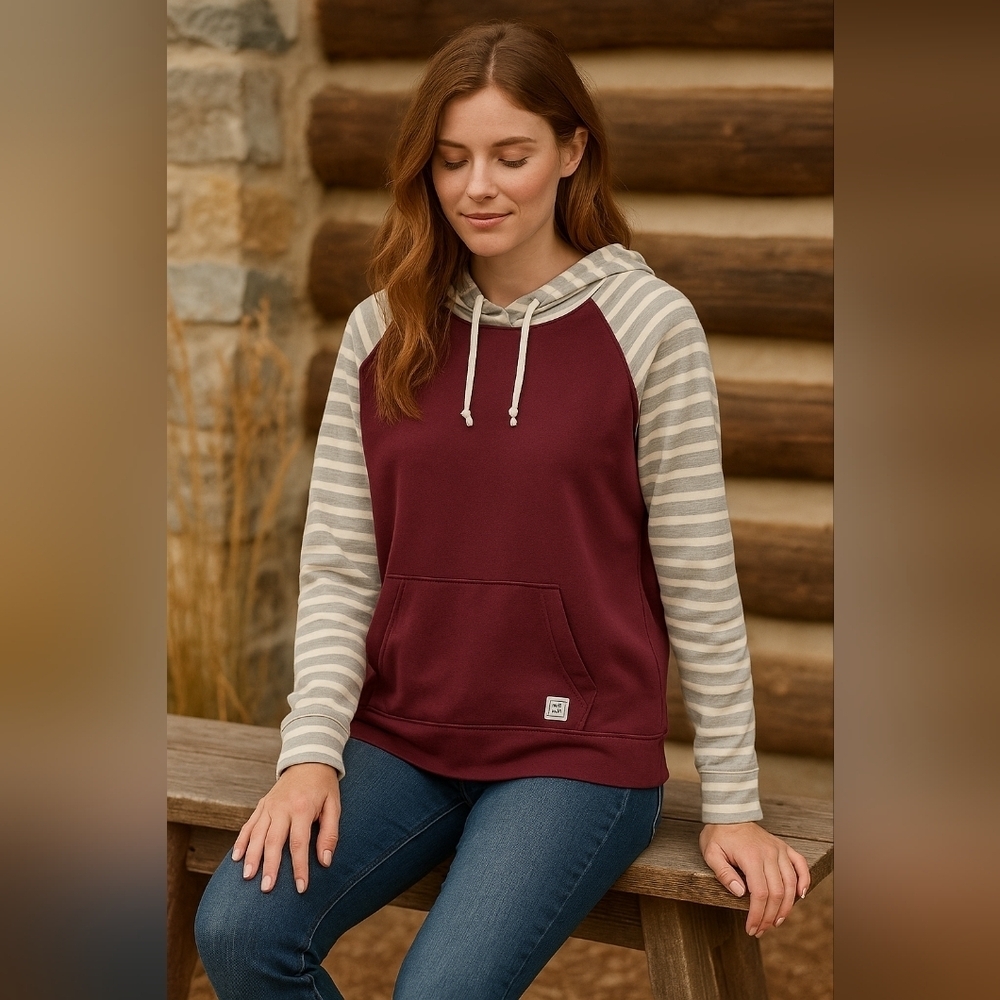 Orvis Pullover Kangaroo Pocket Camp Hike Burgundy Striped Sleeves Hoodie Medium